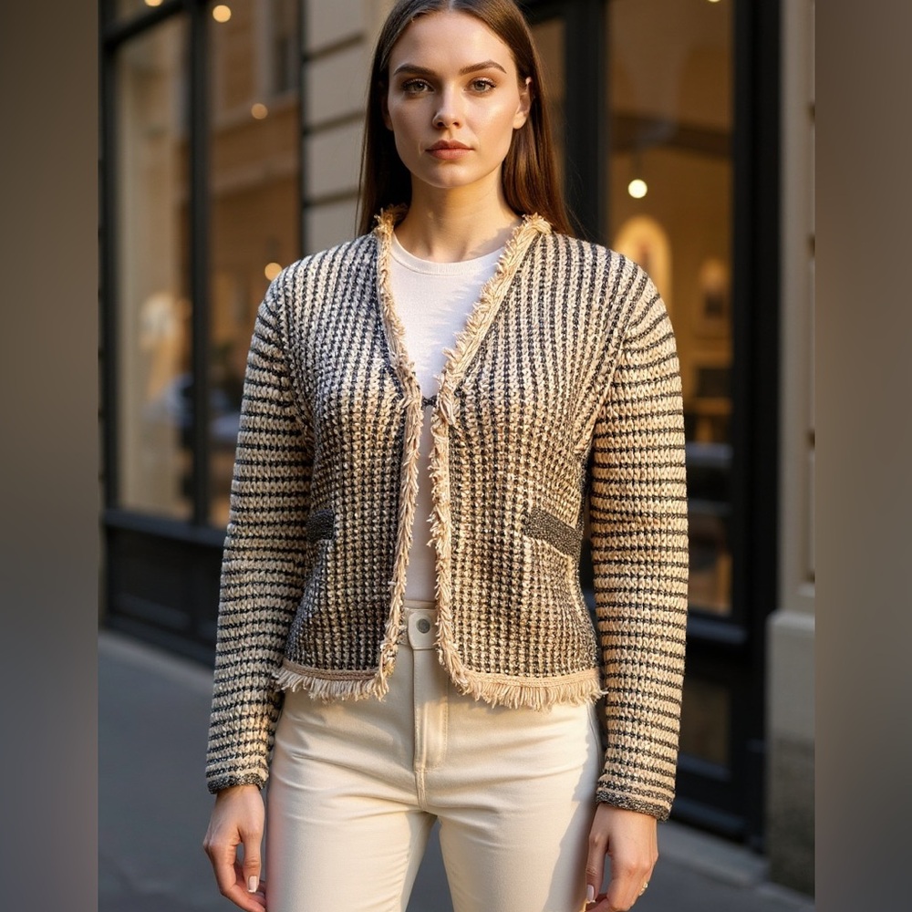 Pinko Tweed Cropped Cardigan Sweater Fringe Metallic Preppy Quiet Luxury Italy